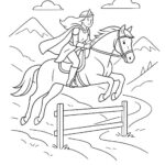 Page à colorier d&rsquo;une cavalière de Quarter Horse, princesse guerrière fantastique sautant par-dessus une clôture
