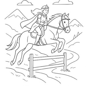 Coloring page of a Quarter Horse female rider, fantasy warrior princess jumping over a fence