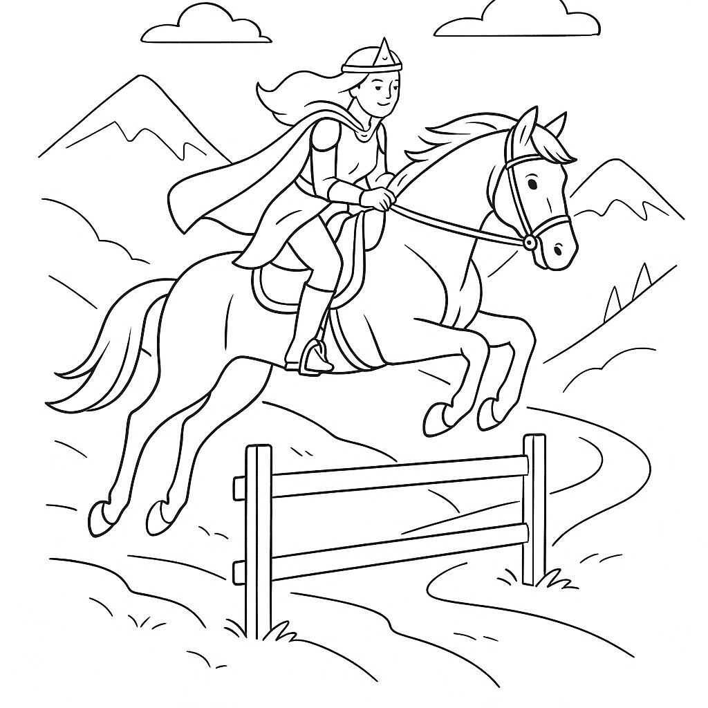 Coloring page of a Quarter Horse female rider, fantasy warrior princess jumping over a fence