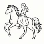 Page à colorier d&rsquo;un cheval de course, mustang libre, une femme chevauchant dans une robe élégante
