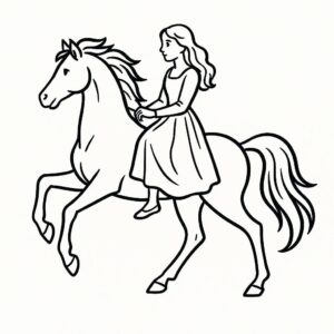 Coloring page of a racehorse, free-spirited mustang a woman riding in an elegant dress