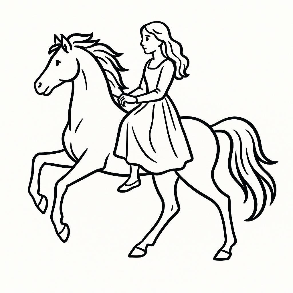 Coloring page of a racehorse, free-spirited mustang a woman riding in an elegant dress