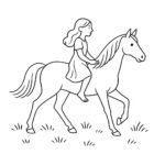 Page de coloriage d&rsquo;un cheval de course, monture royale, une femme chevauchant à cru à travers une prairie