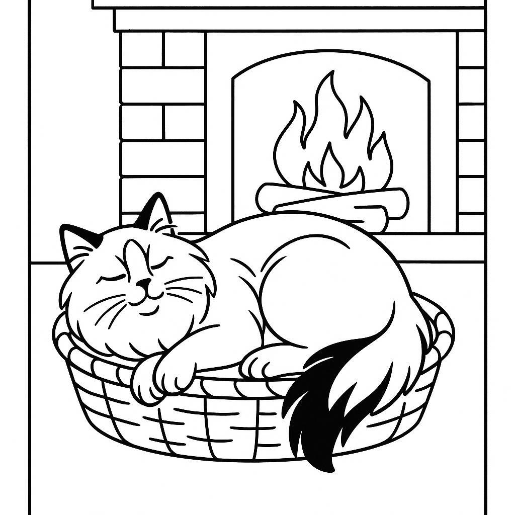 Coloring page of a Ragdoll cat, lazy napper curled up in a basket