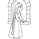 Coloring page of a royal maiden, gentle dreamer looking out of a tower window