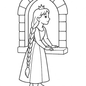Coloring page of a royal maiden, gentle dreamer looking out of a tower window