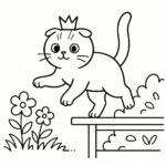 Page à colorier d&rsquo;un chat Scottish Fold, petit chat malicieux sautant sur une étagère