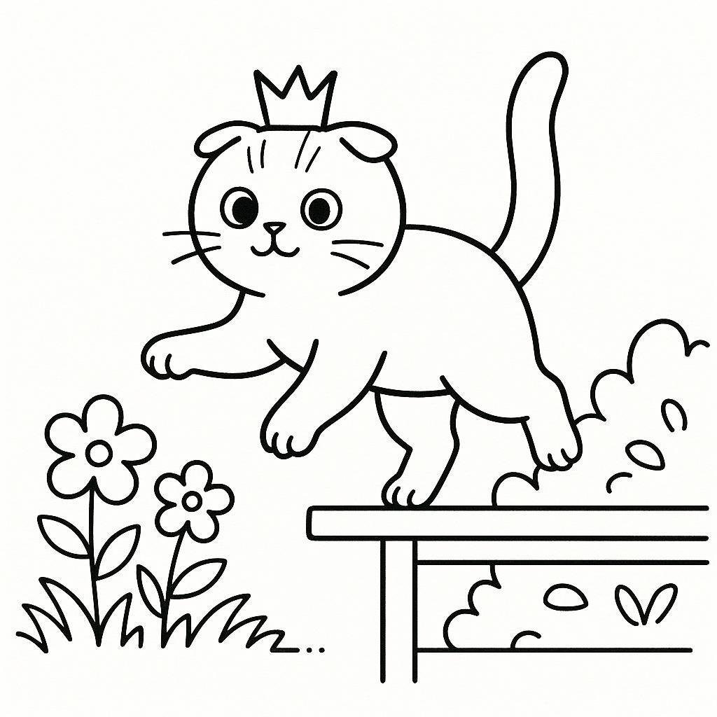 Coloring page of a Scottish Fold cat, mischievous kitty jumping onto a shelf