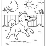 Coloring page of a Shiba Inu dog, loyal companion catching a frisbee