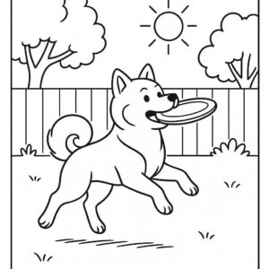 Coloring page of a Shiba Inu dog, loyal companion catching a frisbee