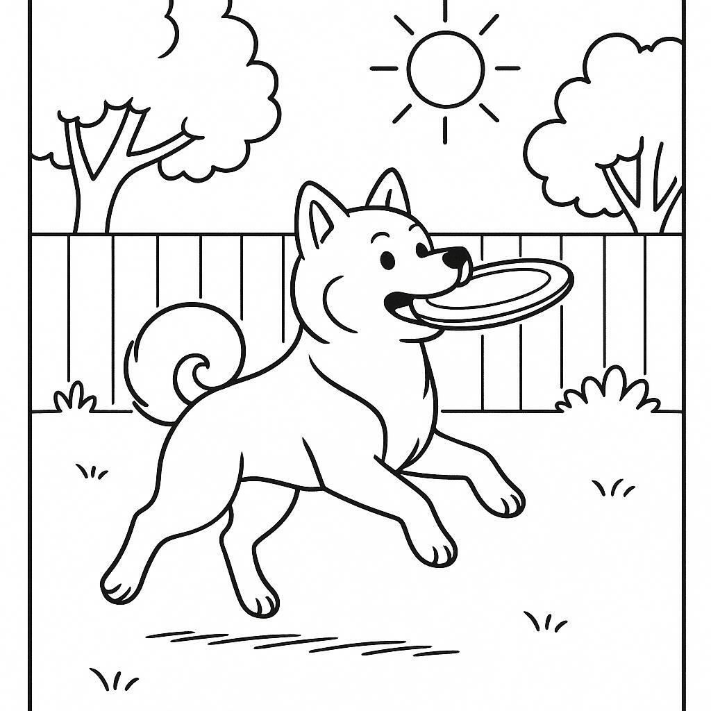 Coloring page of a Shiba Inu dog, loyal companion catching a frisbee