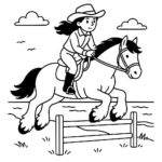 Page à colorier d&rsquo;une fille de cheval Shire montant à cheval, cowgirl sautant par-dessus une clôture