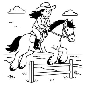 Coloring page of a Shire horse girl riding a horse, cowgirl jumping over a fence