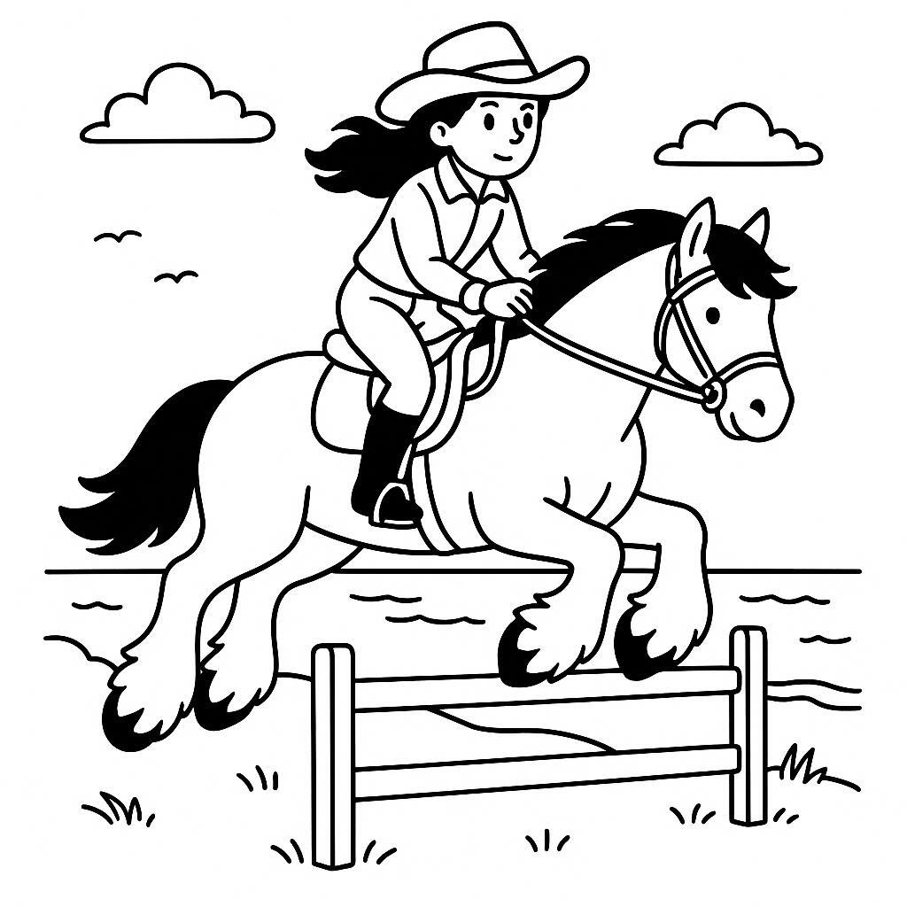 Coloring page of a Shire horse girl riding a horse, cowgirl jumping over a fence