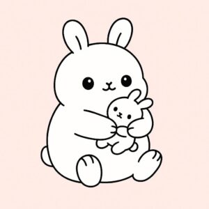 Coloring page of a smoosh squishy animal, chubby bunny hugging a plush toy