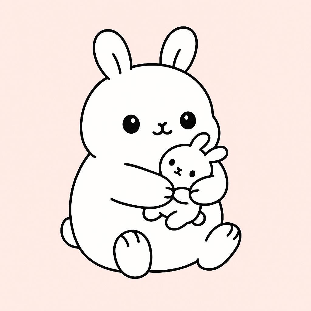 Coloring page of a smoosh squishy animal, chubby bunny hugging a plush toy