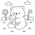 Page de coloriage d&rsquo;un animal smoosh squishy, ours en peluche câlinant un jouet en peluche