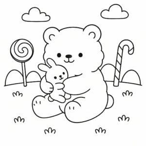Coloring page of a smoosh squishy animal, fluffy bear hugging a plush toy