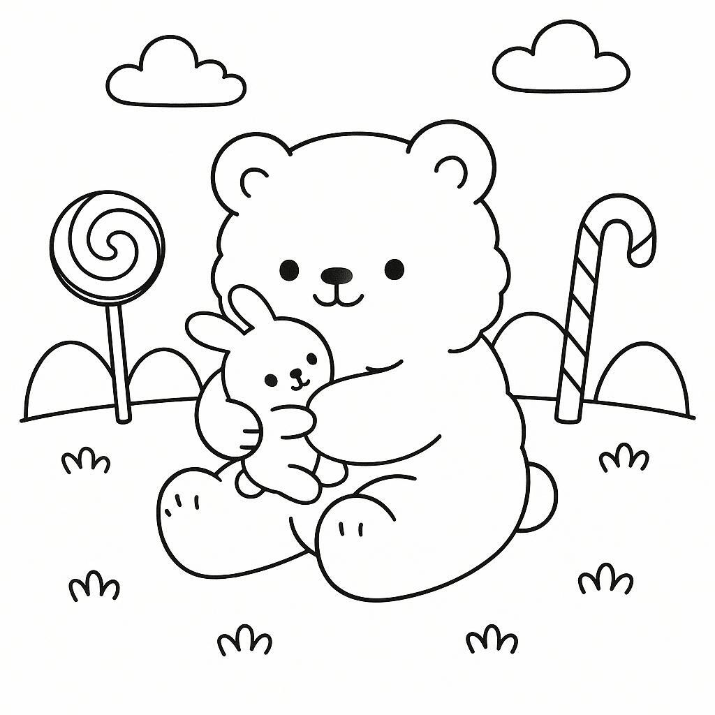 Coloring page of a smoosh squishy animal, fluffy bear hugging a plush toy