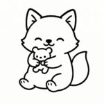 Page de coloriage d’un animal smoosh squishy, renard dodu câlinant un jouet en peluche