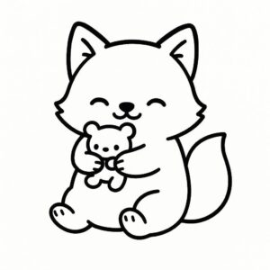 Coloring page of a smoosh squishy animal, plump fox hugging a plush toy