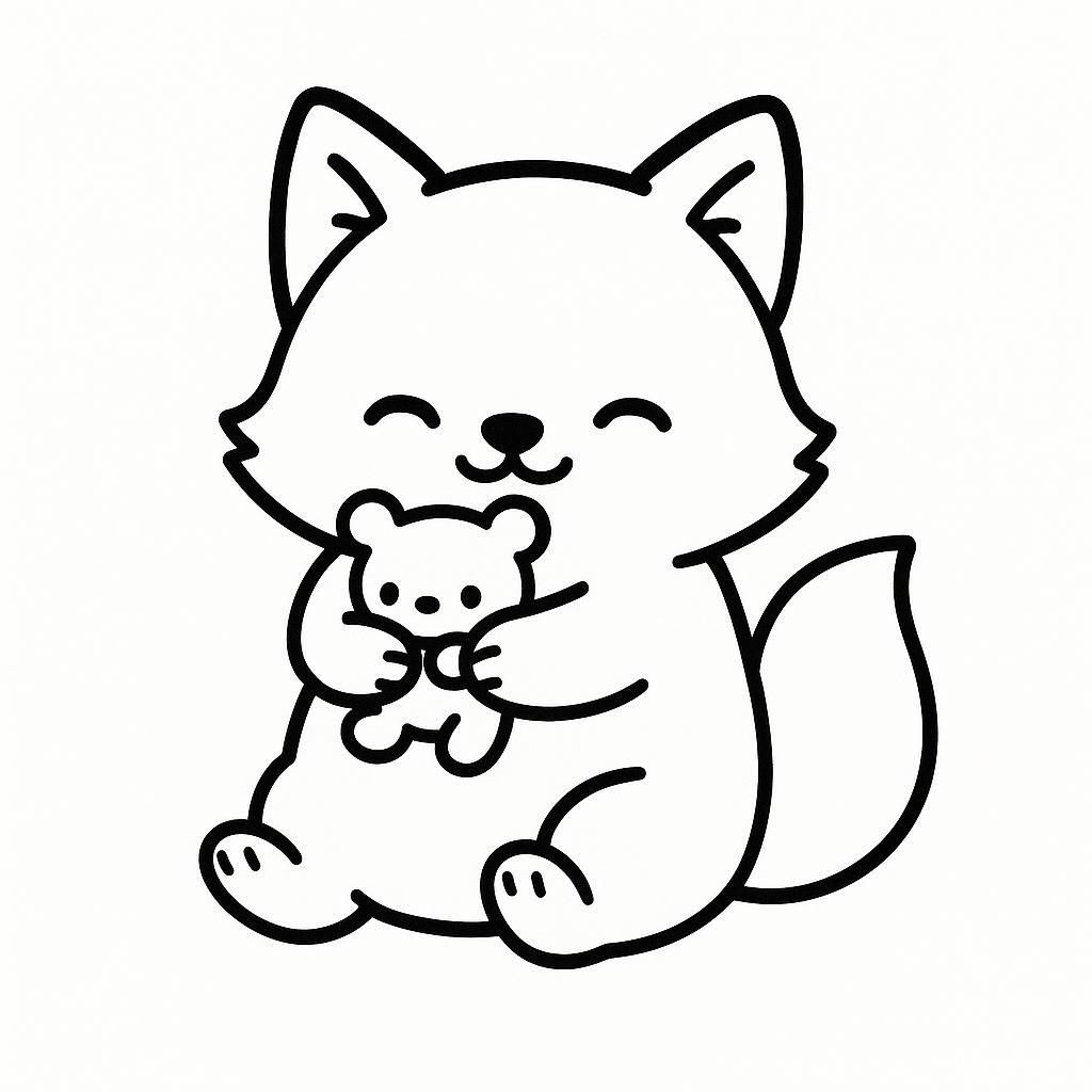 Coloring page of a smoosh squishy animal, plump fox hugging a plush toy