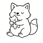 Page à colorier d’un animal smoosh squishy, renard dodu câlinant un jouet en peluche