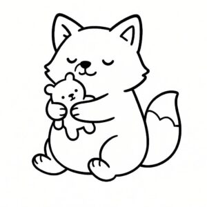 Coloring page of a smoosh squishy animal, plump fox hugging a plush toy