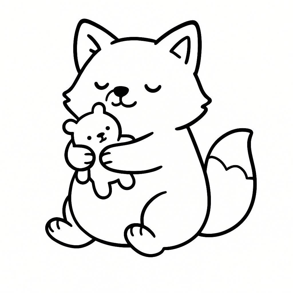 Coloring page of a smoosh squishy animal, plump fox hugging a plush toy