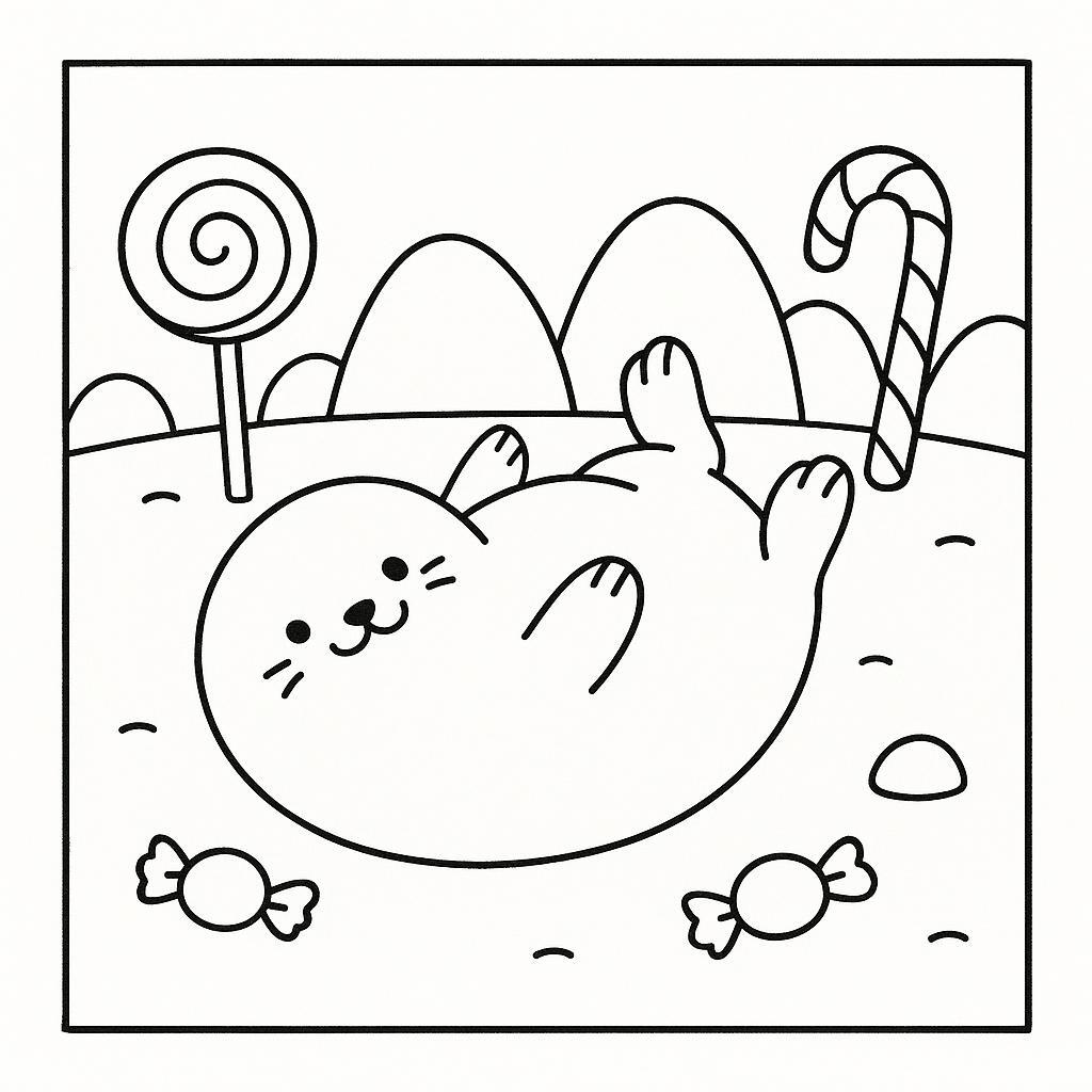 Coloring page of a smoosh squishy animal, puffy seal rolling around