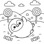 Page de coloriage d’un animal squishy smoosh, pingouin rond se balançant