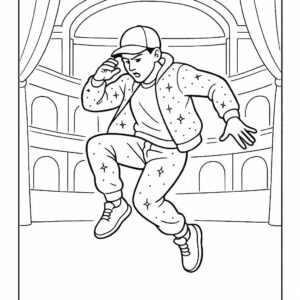 Coloring page of a street dancer, hip-hop dancer jumping mid-air