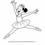 Page de coloriage d’une danseuse de rue, artiste de jazz sautant sur scène