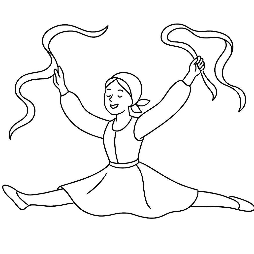 Coloring page of a street dancer, traditional folk dancer performing a split