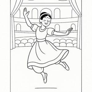 Coloring page of a traditional performer, traditional folk dancer jumping mid-air