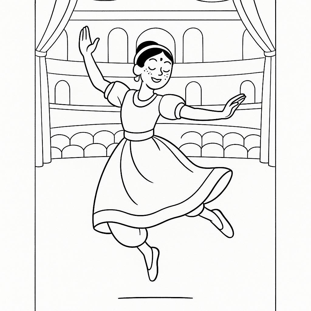 Coloring page of a traditional performer, traditional folk dancer jumping mid-air
