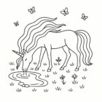 Page à colorier d’une licorne, esprit céleste buvant d’un lac de cristal
