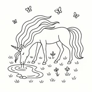 Coloring page of a unicorn, celestial spirit drinking from a crystal lake