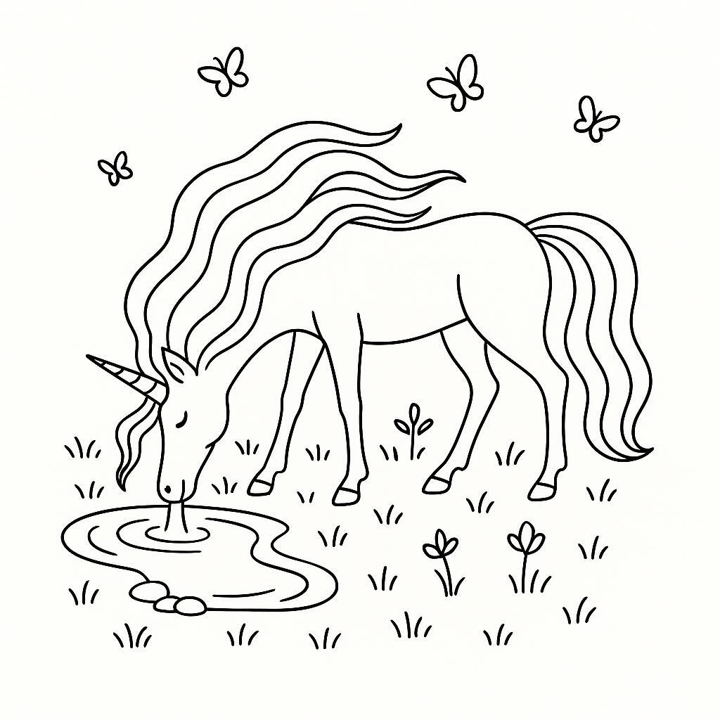 Coloring page of a unicorn, celestial spirit drinking from a crystal lake