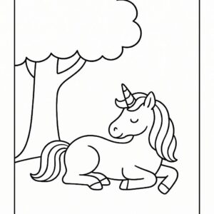 Coloring page of a unicorn, fantasy friend lying under a tree