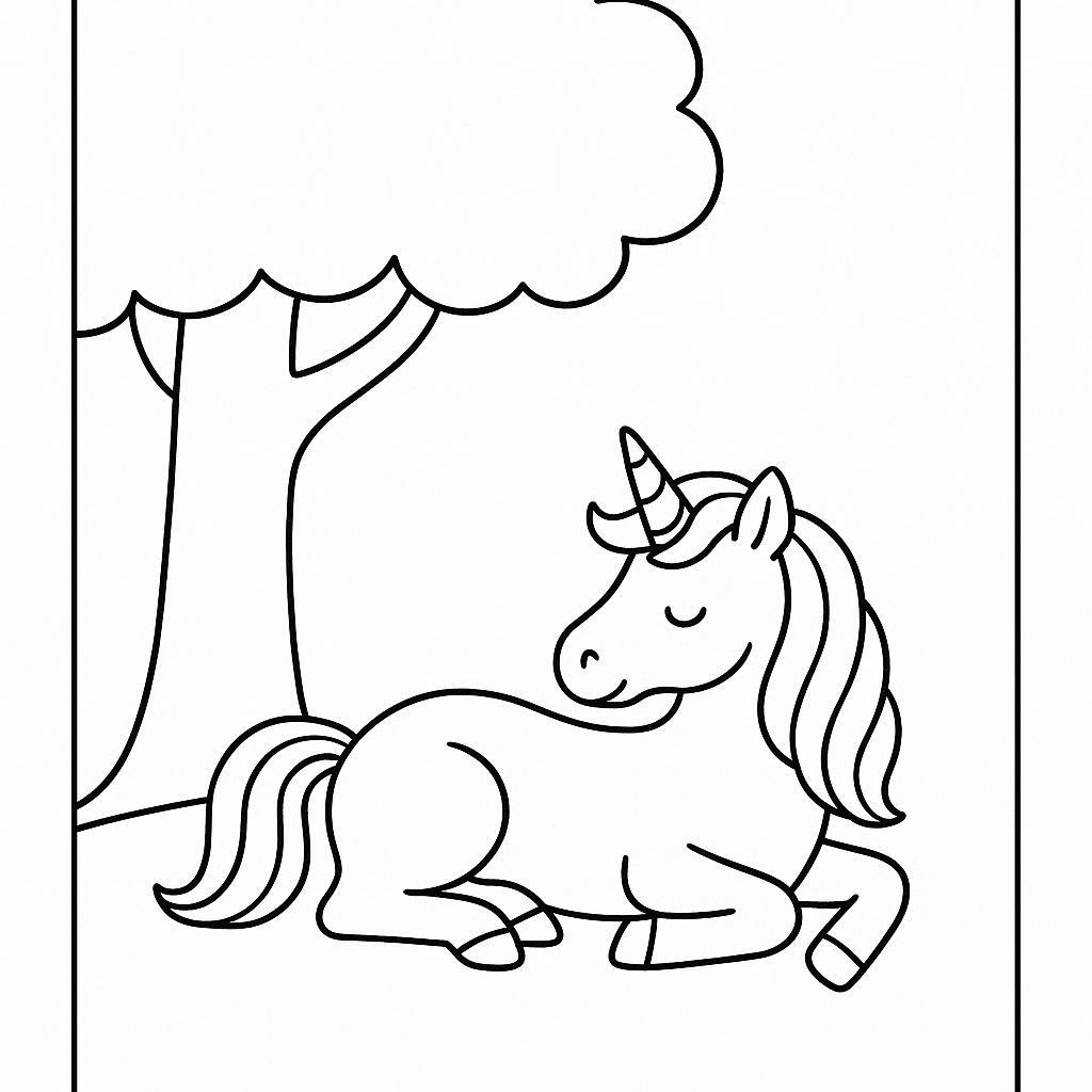 Coloring page of a unicorn, fantasy friend lying under a tree