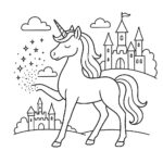 Page à colorier d&rsquo;une licorne, gardienne des rêves répandant de la poussière magique