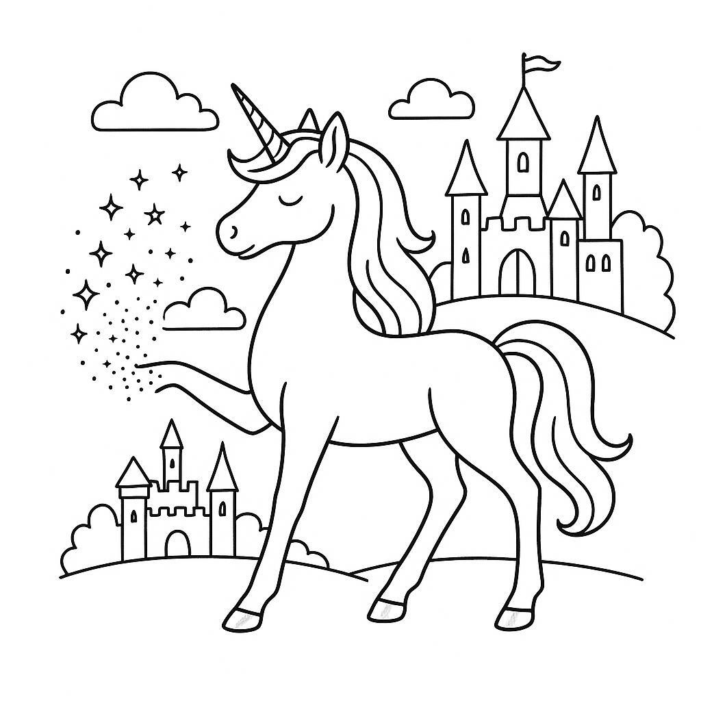 Coloring page of a unicorn, guardian of dreams spreading magical dust