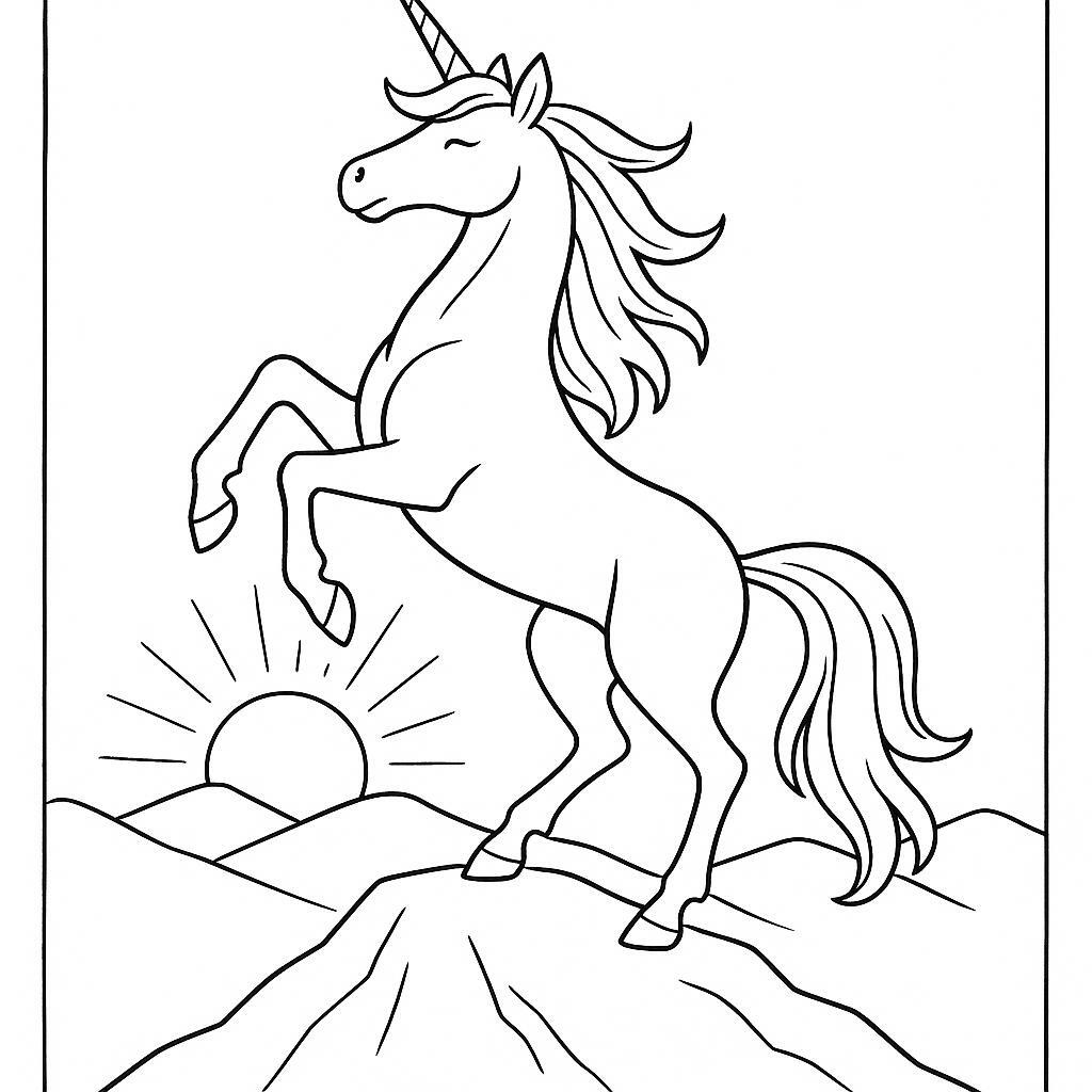 Coloring page of a unicorn, mythical companion rearing majestically