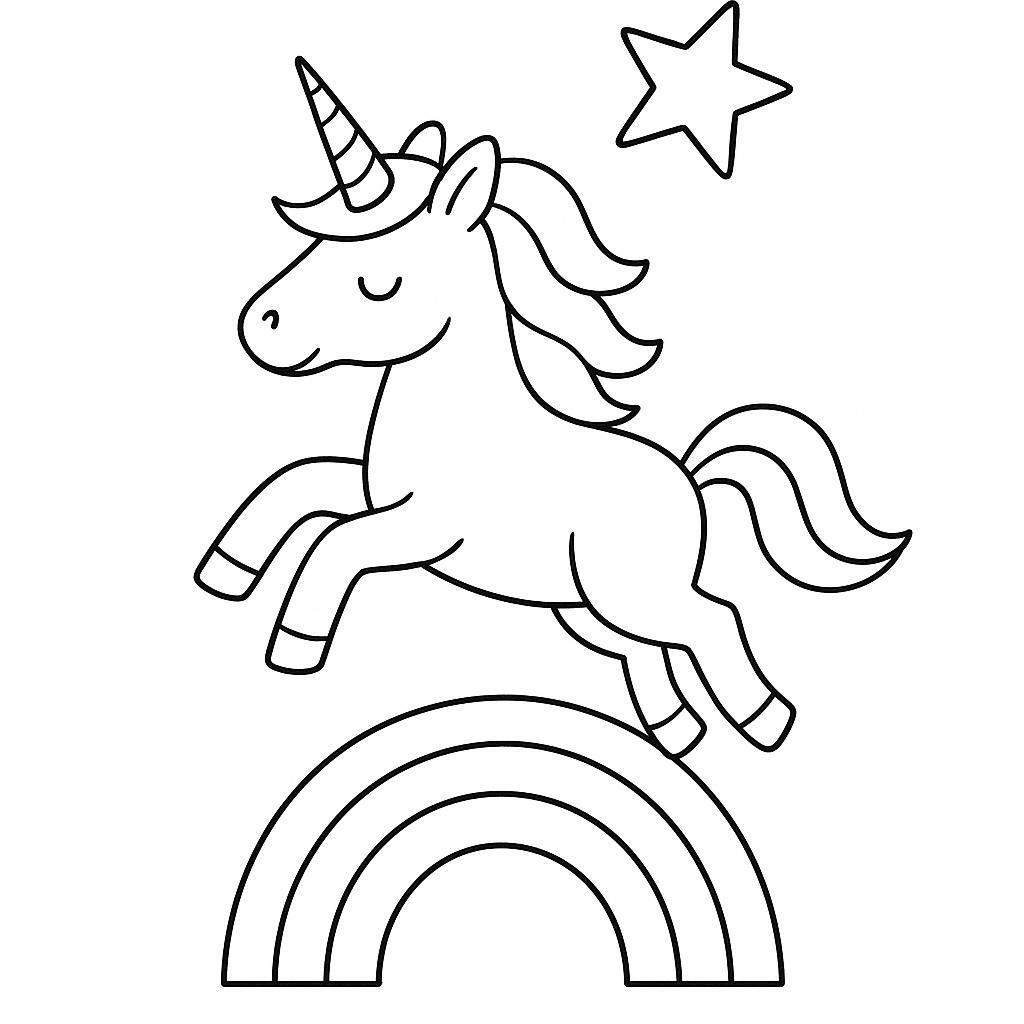 Coloring page of a unicorn, star chaser leaping over a rainbow