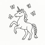 Page à colorier d&rsquo;une licorne, chasseuse d&rsquo;étoiles jouant avec des papillons