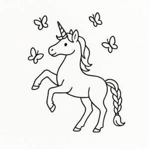 Coloring page of a unicorn, star chaser playing with butterflies