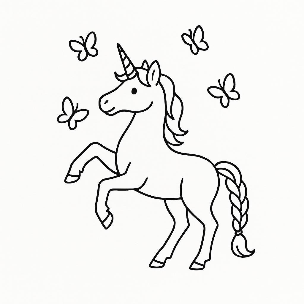 Coloring page of a unicorn, star chaser playing with butterflies