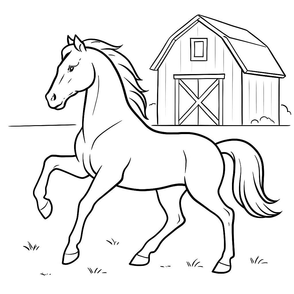Coloring page of a war horse, wild stallion playing with other horses