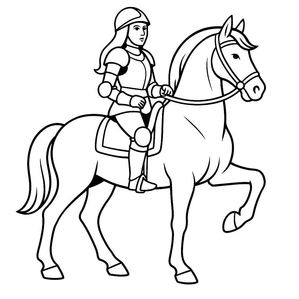 Coloring page of a workhorse, wild stallion a woman riding in medieval armor
